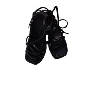 Women’s Black Strappy Platform Heels Sandals Square Toe Lace Up New # 378